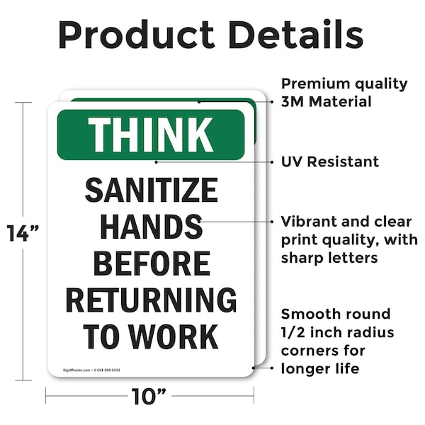 Sanitize Hands Before Returning To Work OSHA Think Sign, Vinyl Decal, 10in W X 14in L, 2PK